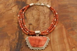 Artie Yellowhorse Genuine Spiny Oyster Shell Sterling Silver Pendant,  Necklace and Earrings Set